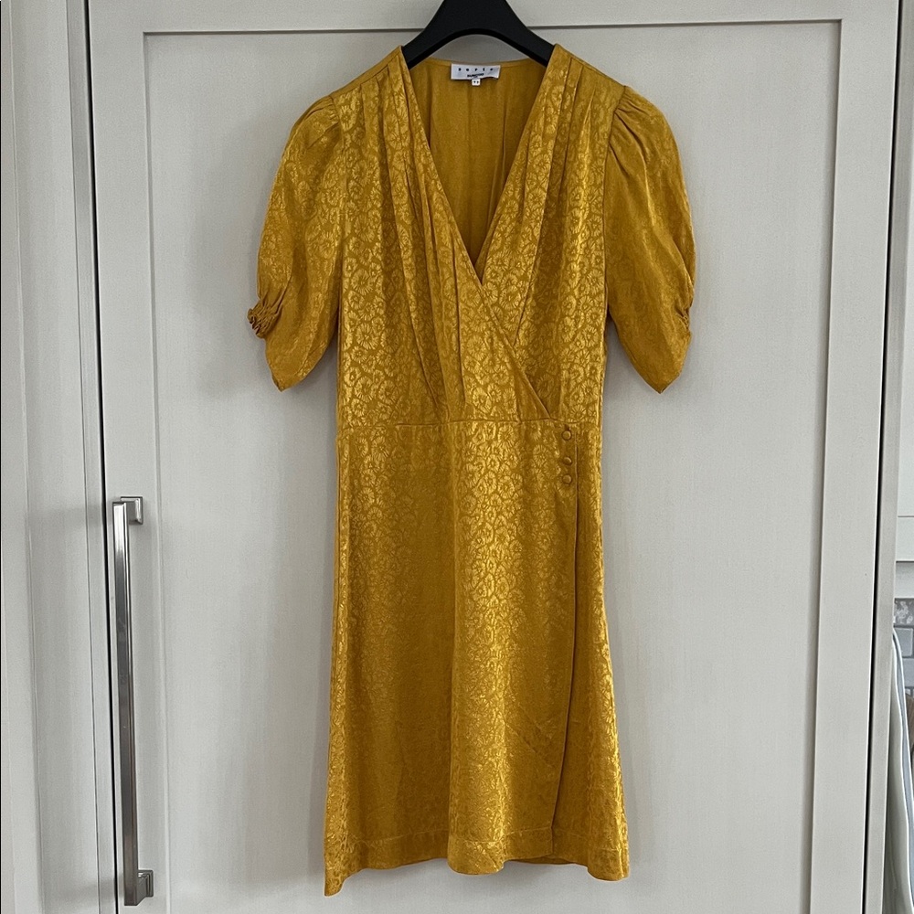 SUNCOO Golden Yellow V-Neck Jacquard Puff Sleeve faux wrap Mini Dress